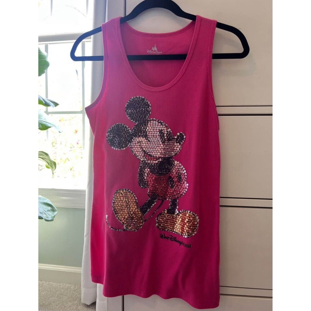 Mickey Disney ribbed tank. Hot Pink w/sequins. Medium. Walt Disney world Apparel